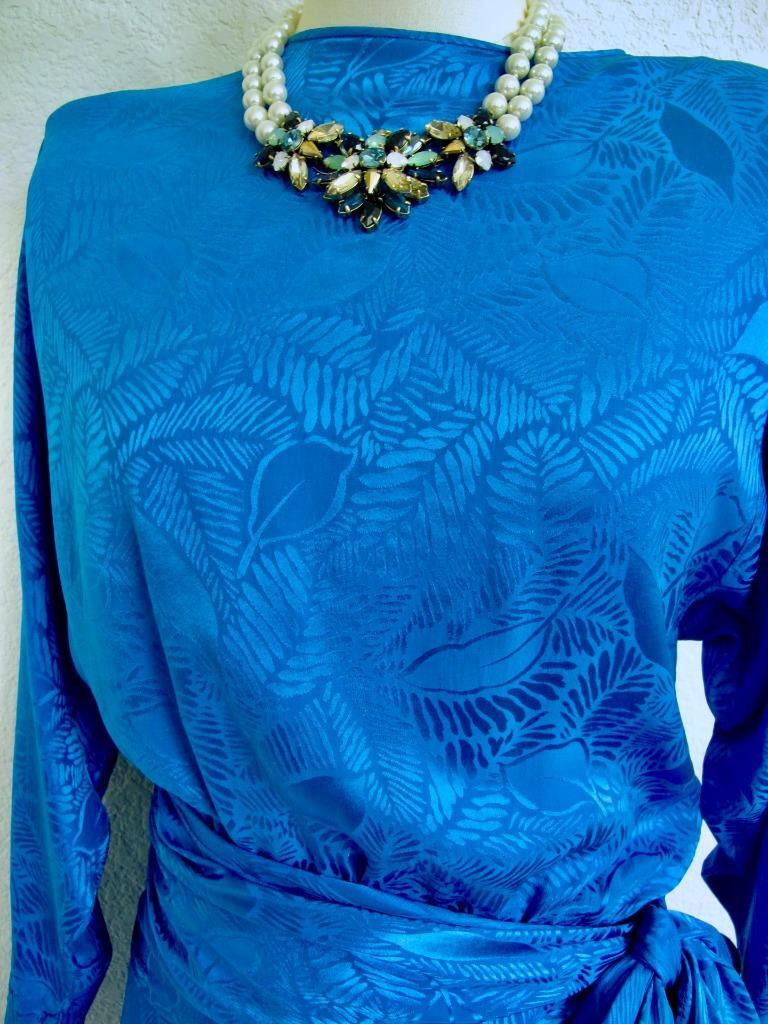 Vintage 80s Jerry Regenbogen Silk Dress 6 Sapphire Blue Sash Wrap Retro Glam