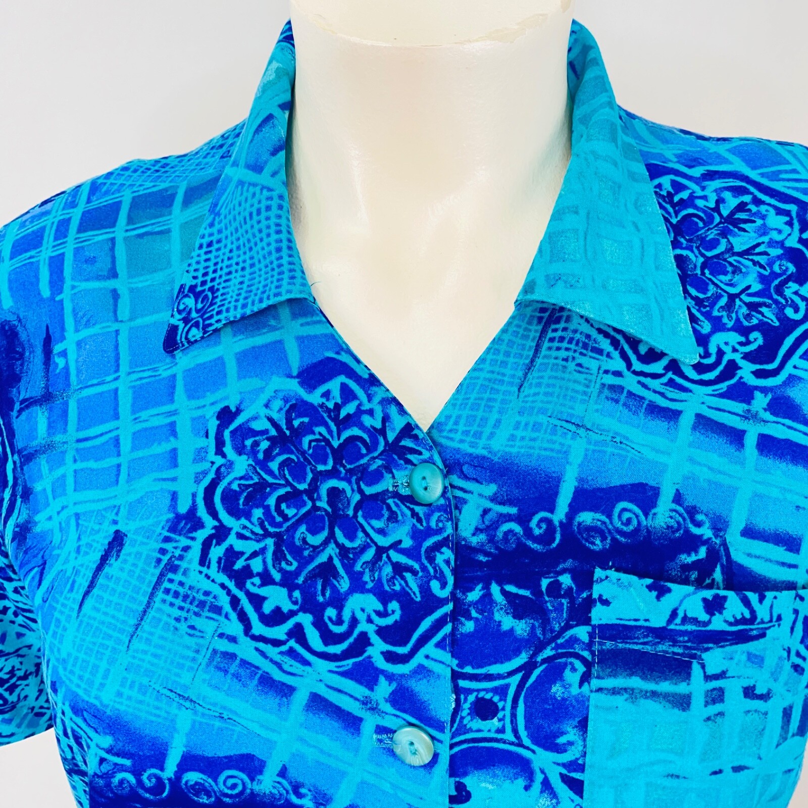 Vintage 1980s blue rayon blouse, L XL turquoise teal short sleeve collar 1990s