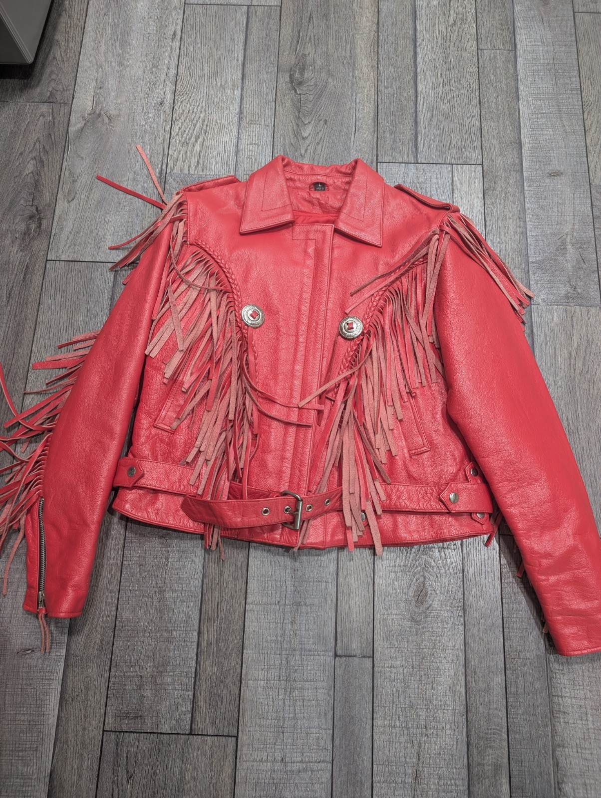 VTG Red Heavy Leather FRINGED Concho Buckle Motorcycle Jacket Womens Sz Large