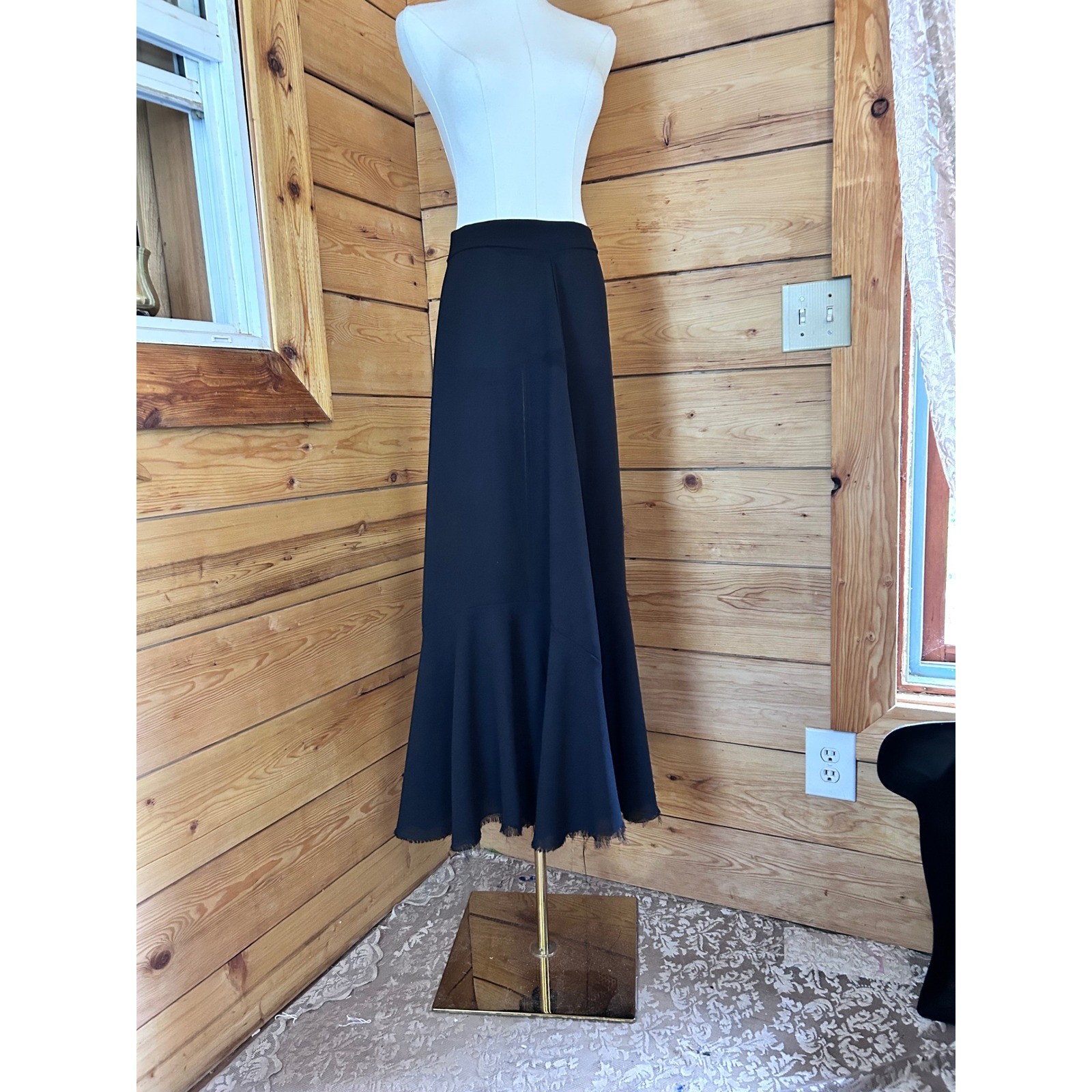 Vintage Maxi Skirt Women Large Black Trumpet Mermaid Flared Raw Hem Handmade