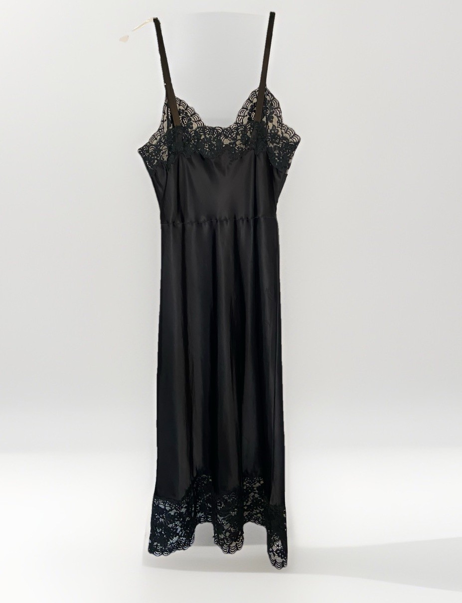 1950’s Black Colony Club Rayon Satin Slip Sexy Vintage Lingerie Lace Mid Length