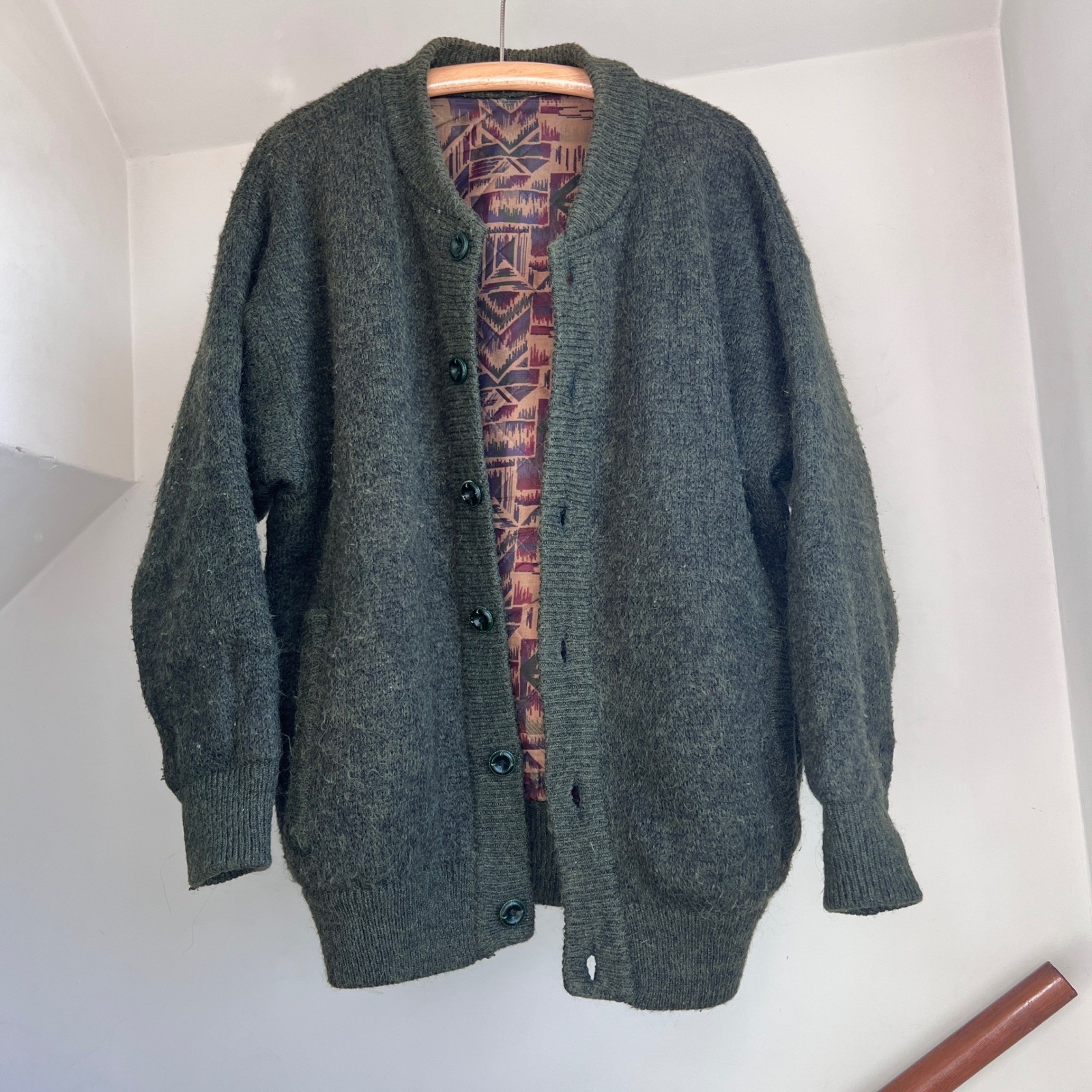 Vintage Cardigan Sweater XL Green Mohair Wool Blend Quilted Lined Oversized