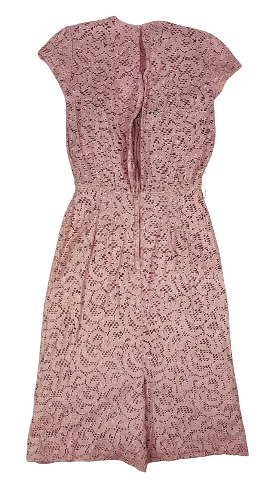 VTG 1950s PAUL SACHS RHINESTONE PINK LACE COCKTAIL WIGGLE DRESS ROCKABILLY GLAM