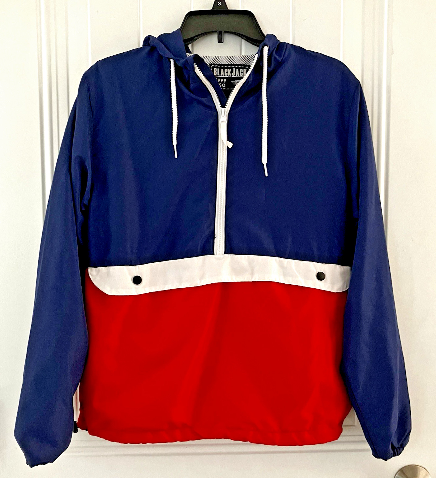VTG Black Jack 1999 USA Windbreaker Womens S Color Block 1/2 Zip Pullover w/Hood