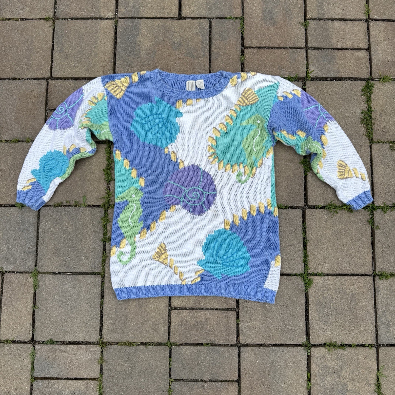 Vintage 90s Clifford & Wills Ocean Theme Seahorse Shells Pastel Knit Sweater S