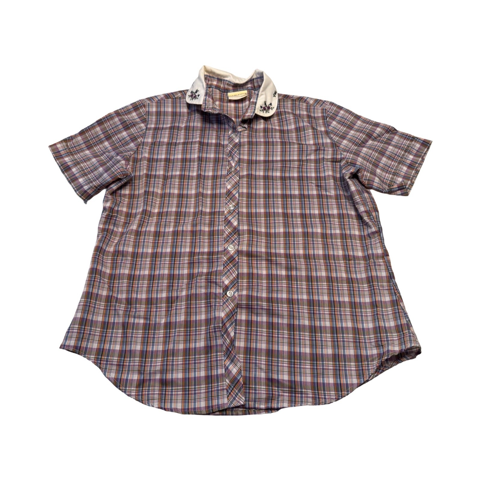 Vintage Oak Hill Plaid Short Sleeve Shirt Floral Embroidered Peter Pan Collar 18