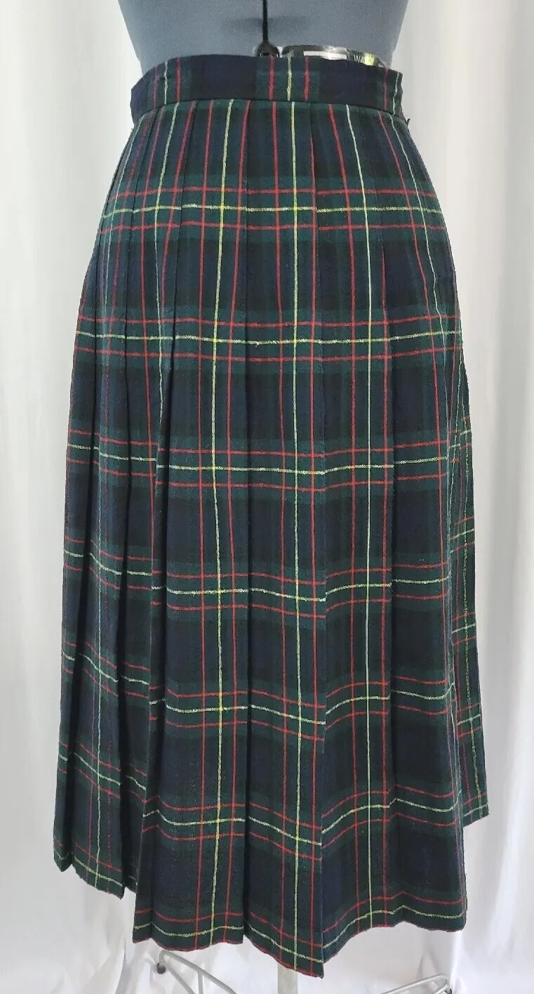 Vintage Isaac Hazan Green/Black/Red/Yellow Plaid Pleated Wool Skirt Size 8