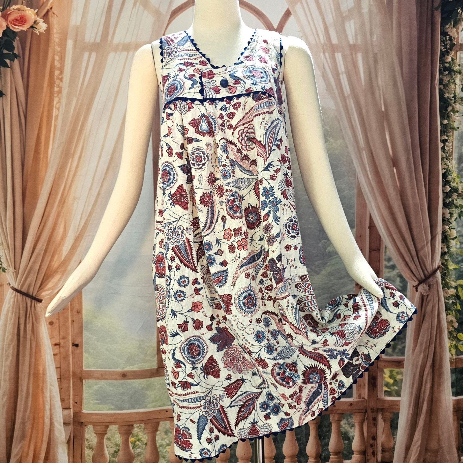 Vintage 1960’s Dress Sundress Shift Sleeveless Paisley Blue Red Ricrac Trim Boho
