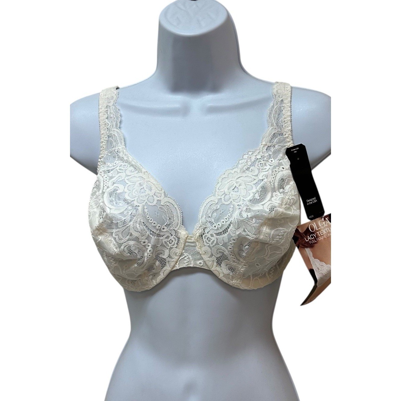 Vtg Olga Lacy Textures Bra 34DD Full Figure Underwire Lace Satin Beige 33580 NEW
