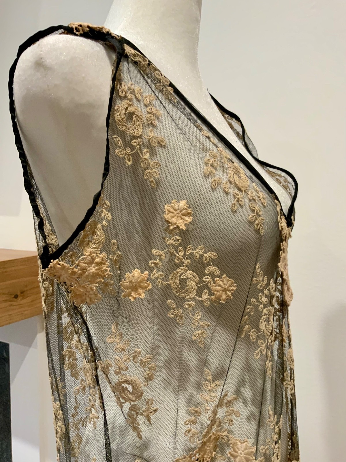 Rare 1920s French Lace Dress. Black Net & Pink Floral Embroidery. Restored S