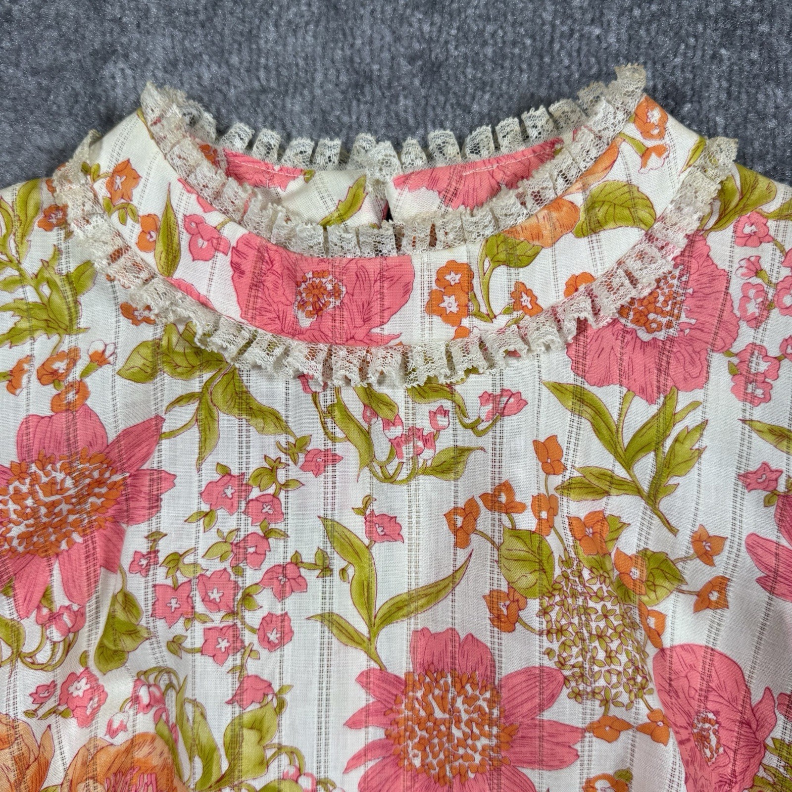 60s 70s Shift Dress Handmade Pink Orange Floral Sleeveless Ruffle Neckline