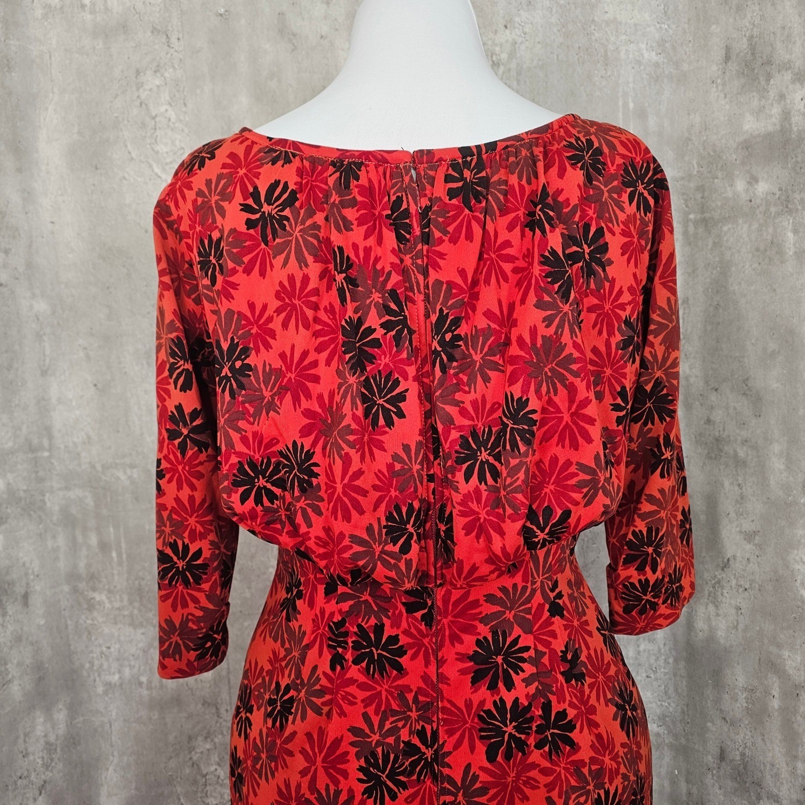 Vintage 60s Red Black Floral Wiggle Draped Back Dress Bow Waist Cocktail Party