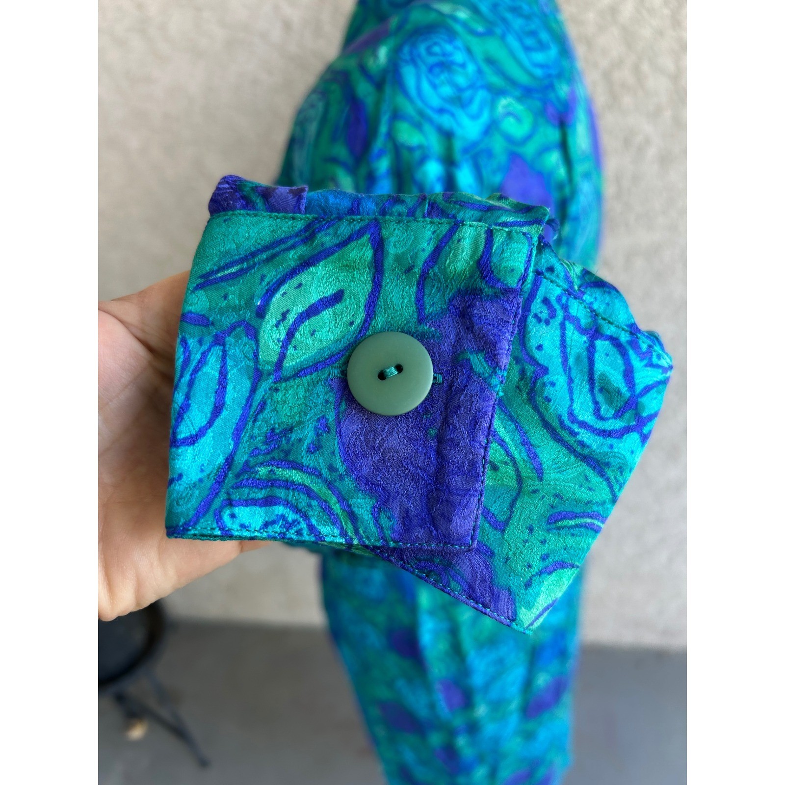 Vintage Silk Floral Wrap Dress Sz 14 Teal Blue Purple 80s Belted