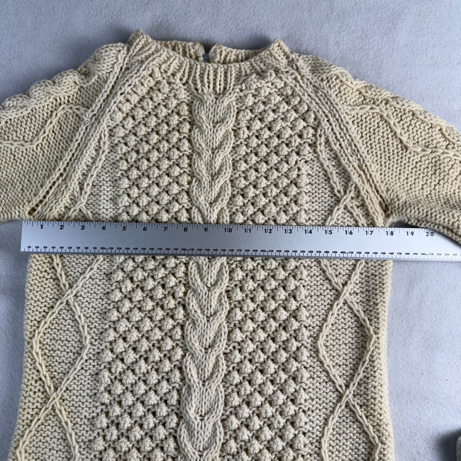 Vintage Handmade Wool Cable Knit Sweater Dress Cream A-Line Aran Fisherman Zip