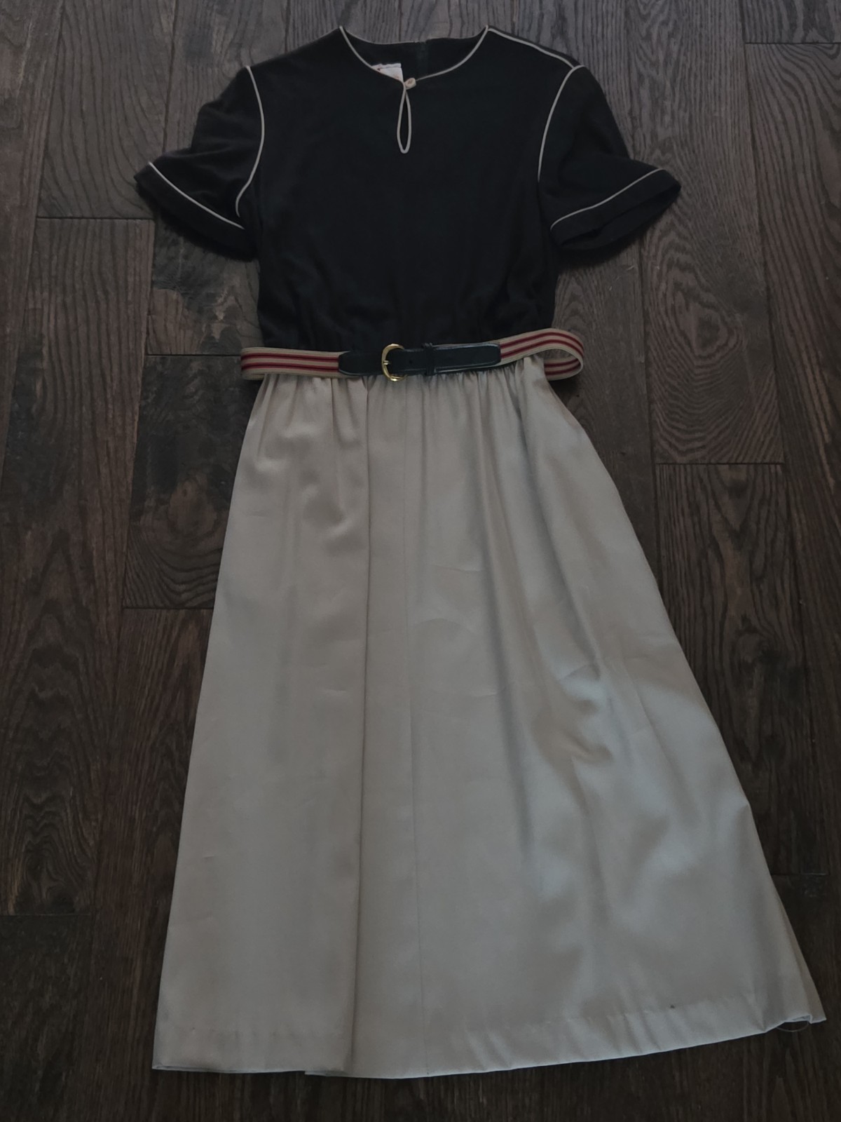 Vintage Newton Centre Dress Size 12 Black Ivory Colorblock Belted Midi Dress USA