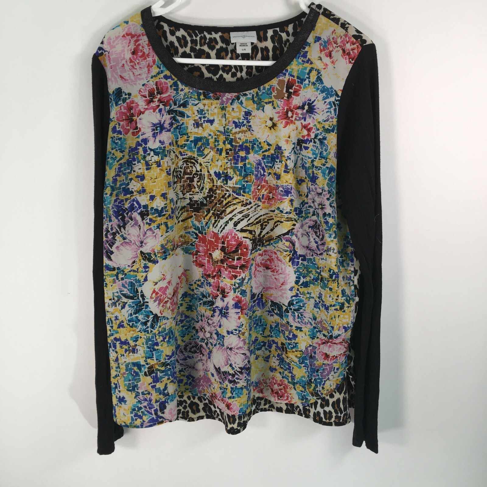 VTG Jaclyn Smith Womens Patch Work Long Sleeve Multicolor Blouse Top Size Large
