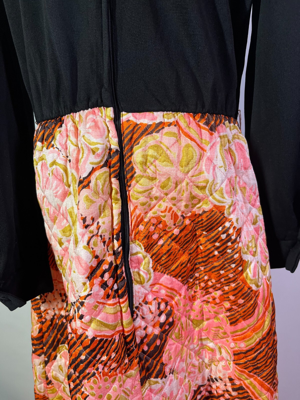 Vintage 1970s Maxi Dress Quilted Skirt Black Pink Orange Hostess