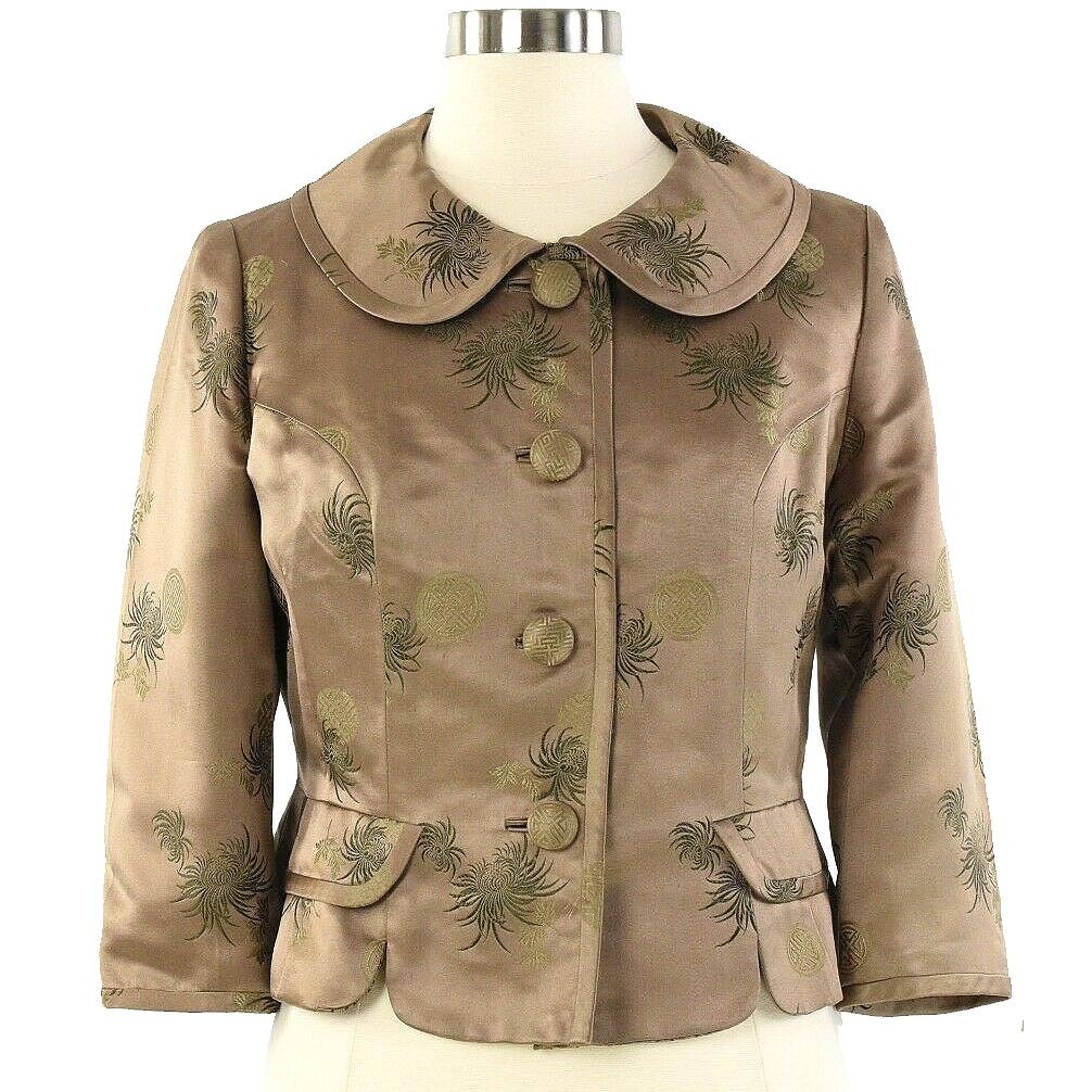 50s Vintage Silk Brocade Jacket Womens S M Boho Floral Brown Gold Chrysanthemum