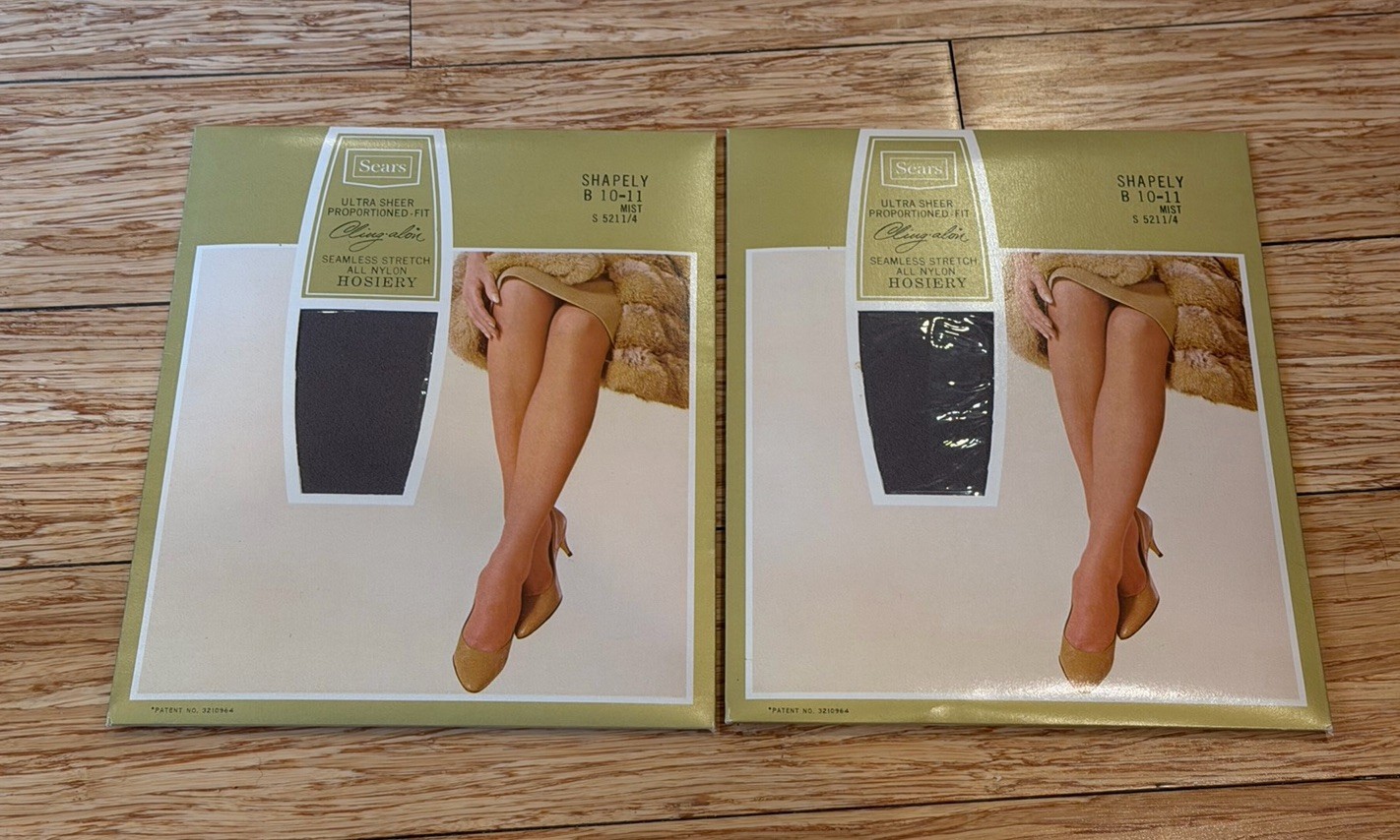 2 Pair VTG Sears Cling-alon Ultra Sheer Stockings Nylon Pantyhose Mist Size B
