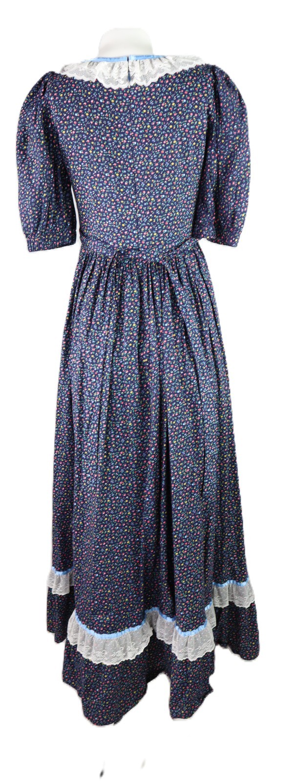 VTG 70s 8 S M Cottage Prairie Floral Print Long Maxi Lace Half Sleeve Dress Blue