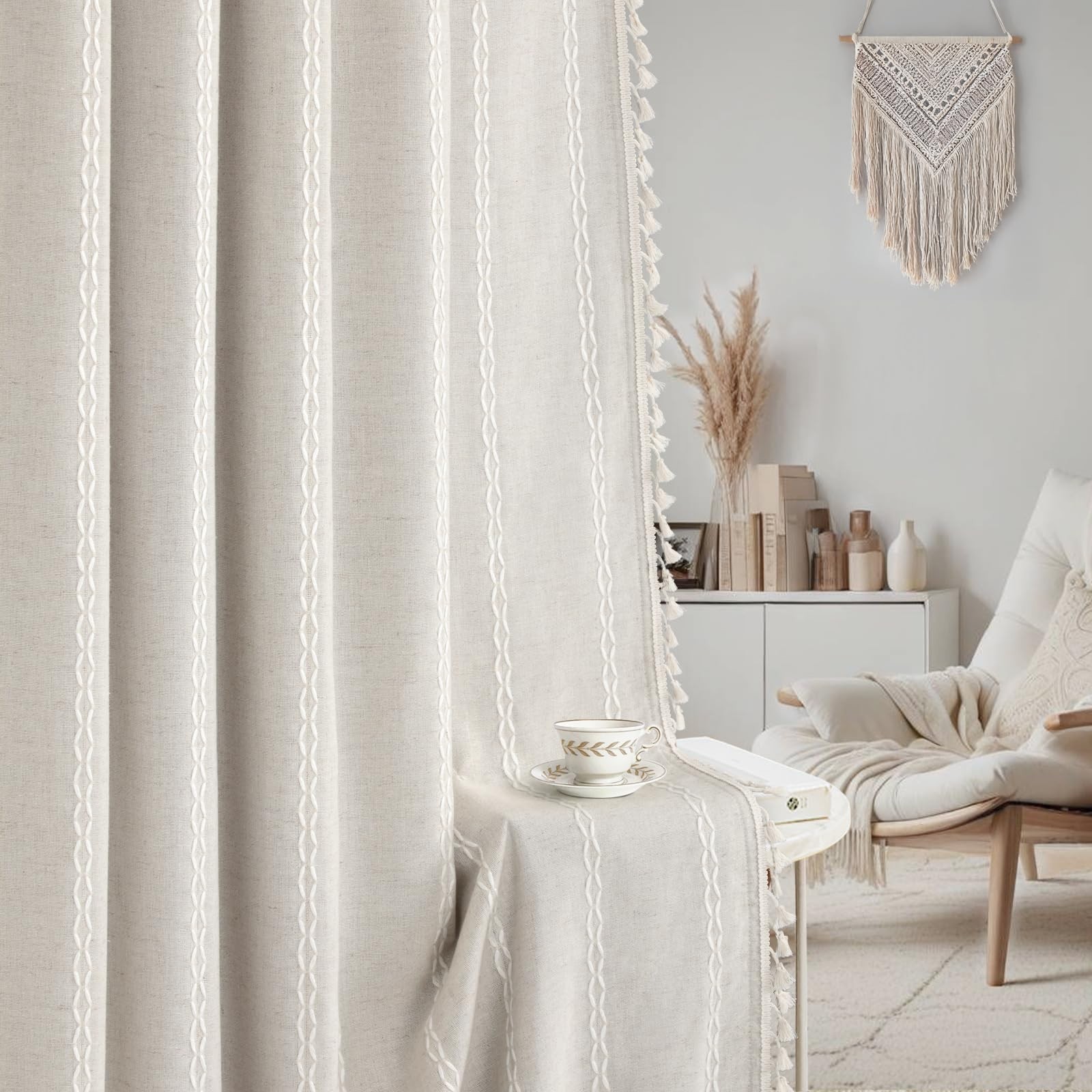 Boho 80% Blackout Curtains with Gray Liner 84 Inches Long 2 Panels Set, Beige…