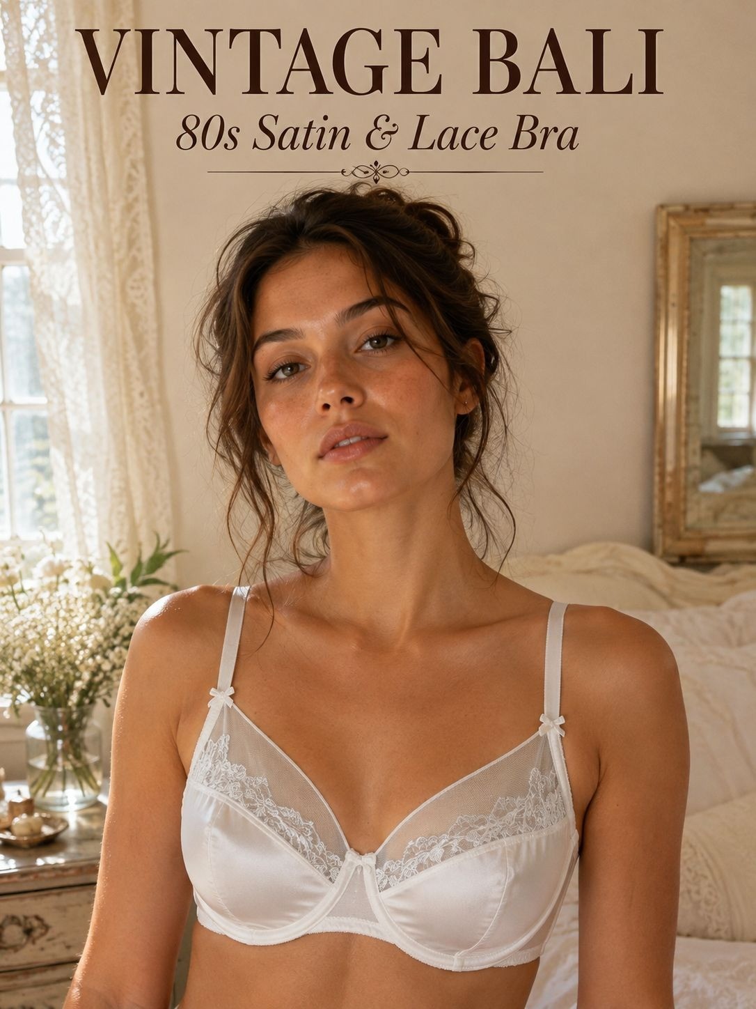 VTG 80s Bali Bra 34C White Satin Lace Underwire Sheer Romantic Bridal