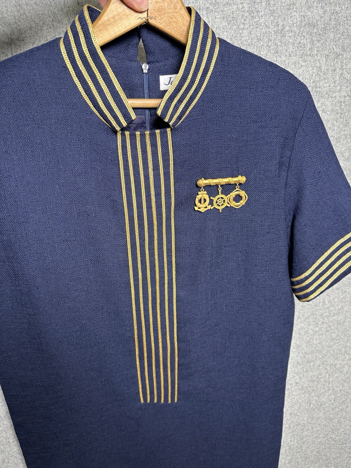 Vintage Junniette Size 6 Navy Blue Gold Womens Dress Sailor Nautical Stewardess