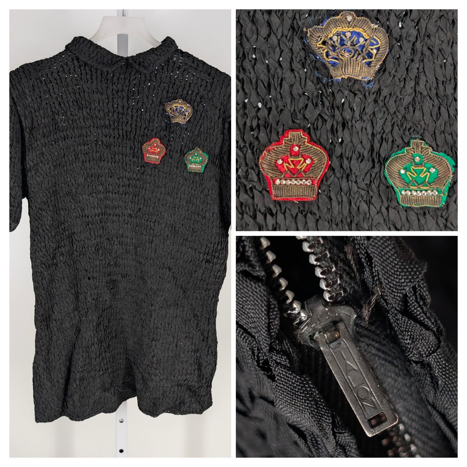Vintage 50s Black Ribbon Knit Blouse Metal Talon Zipper Crown Patches Rhinestone