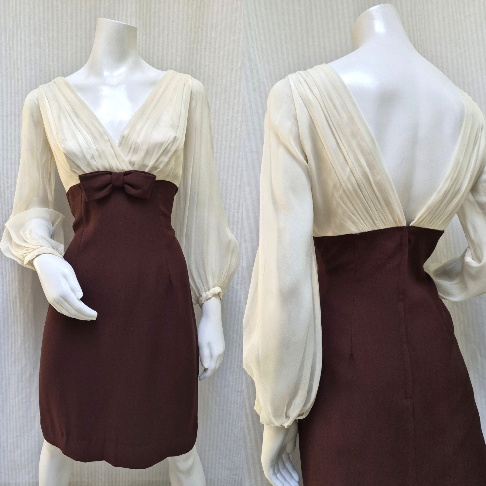 Vintage 1960’s Brown & Ivory Chiffon Bow Front Dress – Size M