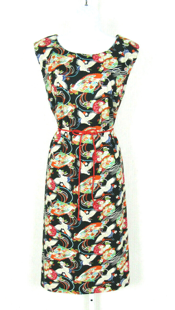 VTG 1960s 70s JAPANESE FLORAL DRESS FANS EGRETS SLEEVELESS ROPE BELT COTTON BLND