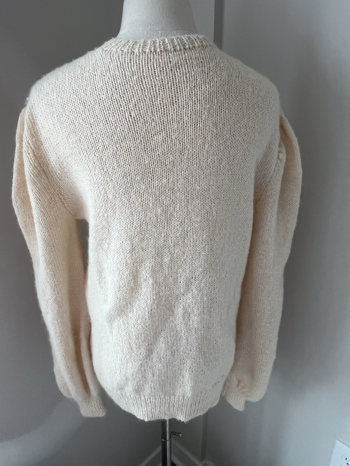 Vtg 80s Mohair Blend Knit Cat Sweater Cream Pink Teal Puffy Sleeve Kawaii Sz L