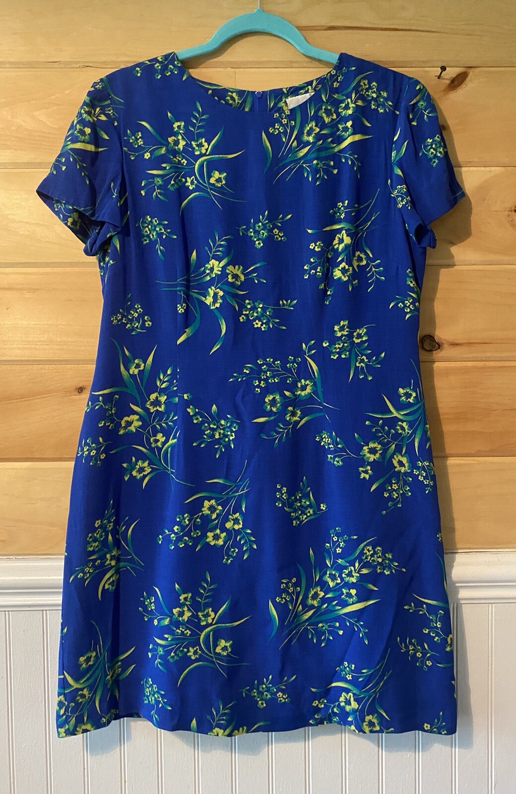 VTG 80’s Halmode Petites blue/green/yellow tikki floral lined sheath dress 8