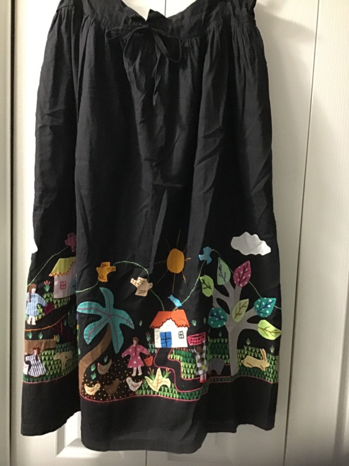 Vintage Cuyamuna Hand Made 100% Cotton Folk Art/Boho Black Midi Skirt- Scenic-