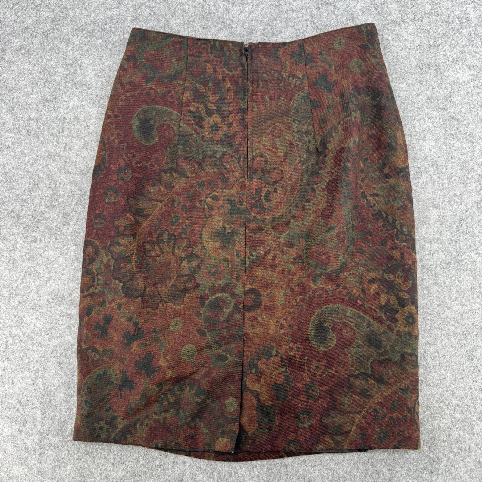 Vintage Forenza Paisley Floral Pencil Skirt Burgundy Olive Green Size 8 USA Made