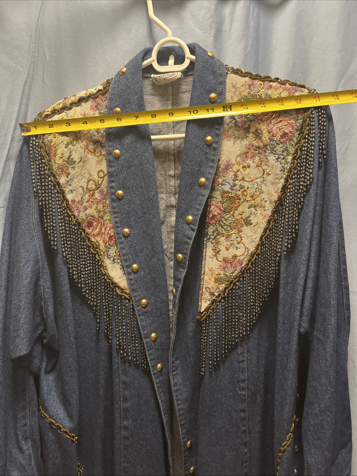RARE Vintage 80s Charle Casuals Beaded Tapestry Gold Denim DUSTER BOHO See Pix