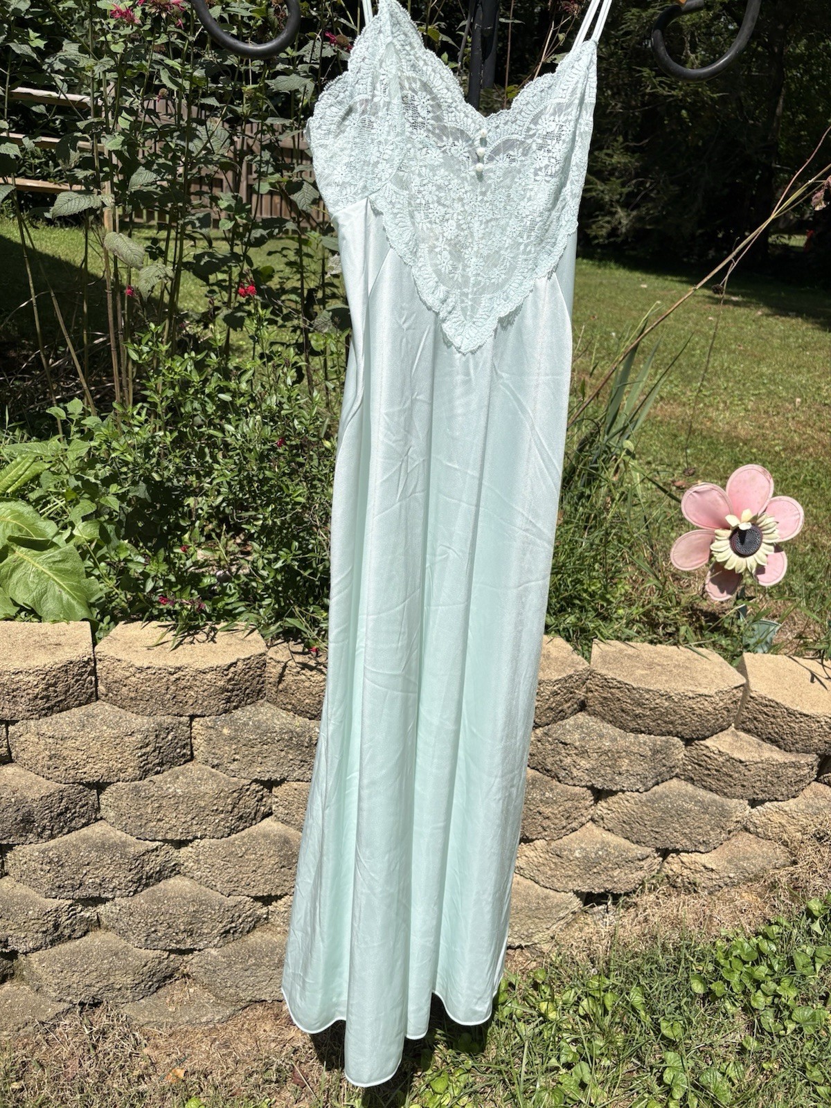 Vintage Baby Blue Long Satin Lace Gown Nightgown Intimates Size Medium