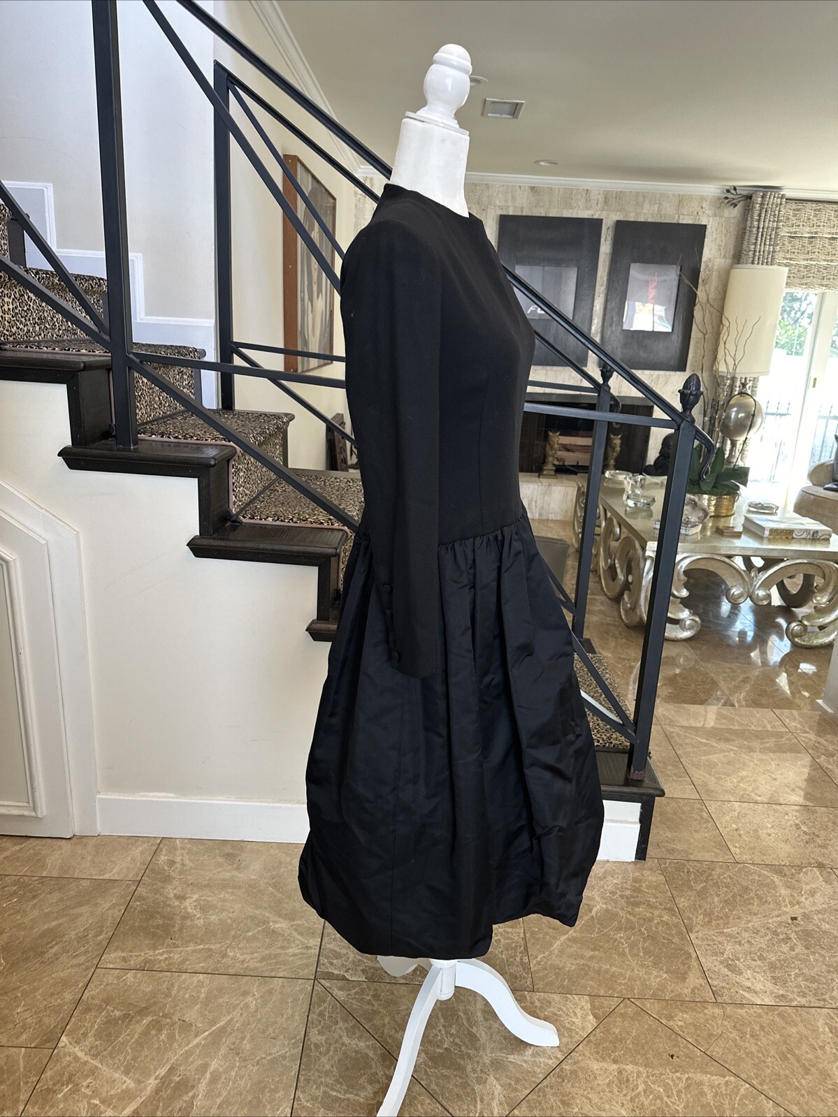 William Pearson 80s Black Wool Drop Waist Stiff Satin Balloon Skirt Dress Size 6