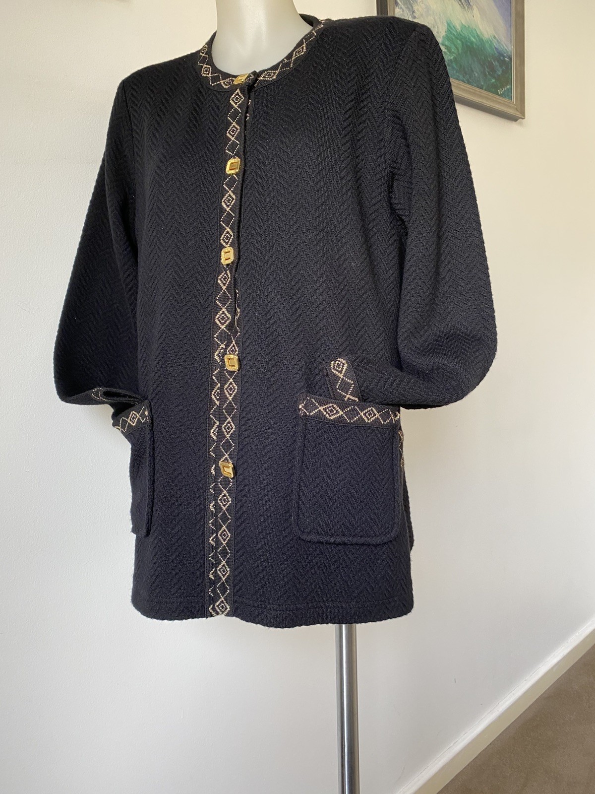 Jango Orig Vintage 80,s Blk/ Gold Heavy Wool Knit Jkt. 21” Across Back Pit To Pi