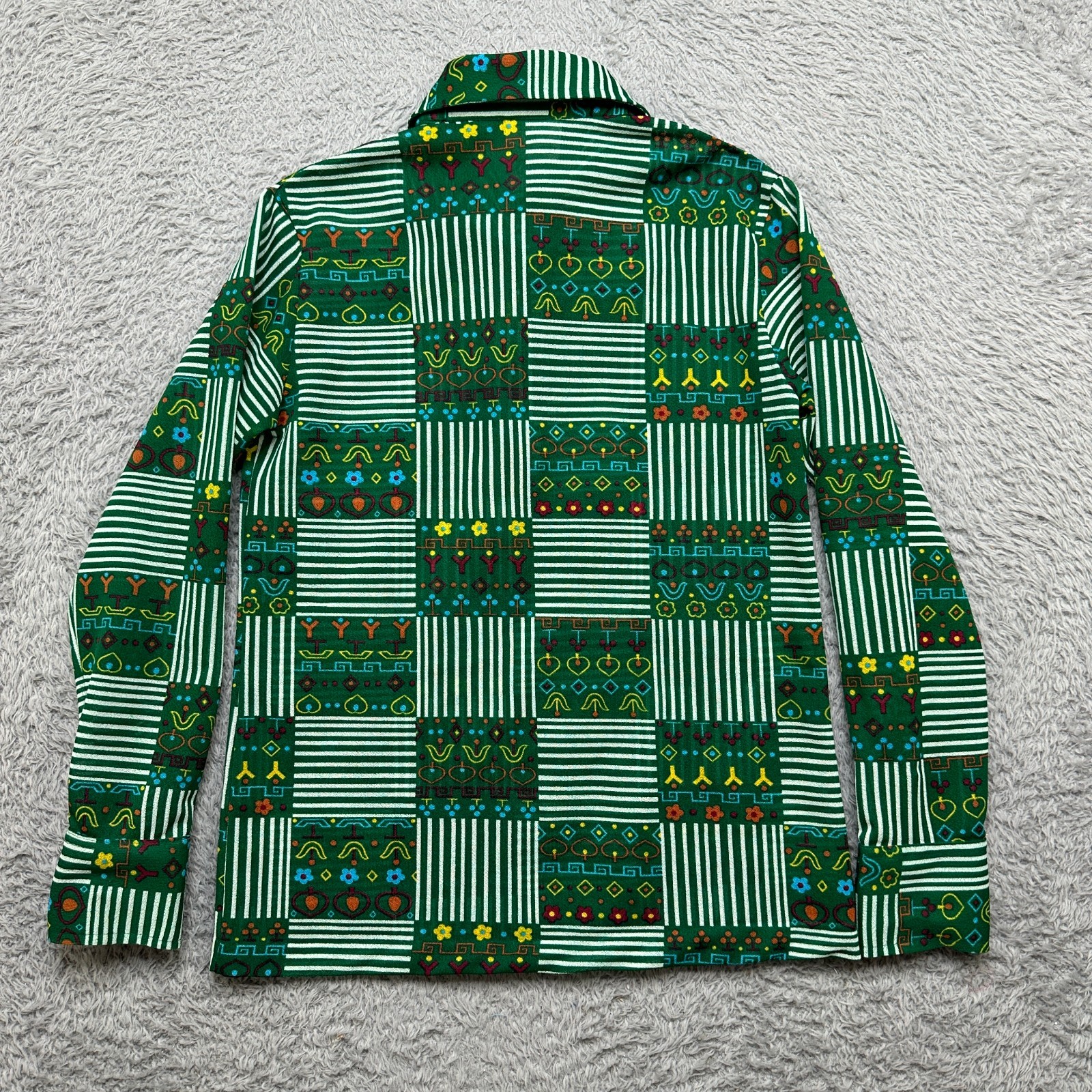 Vintage 70s Summer Shirt Womens S Green Flower Long Sleeve Disco Blouse