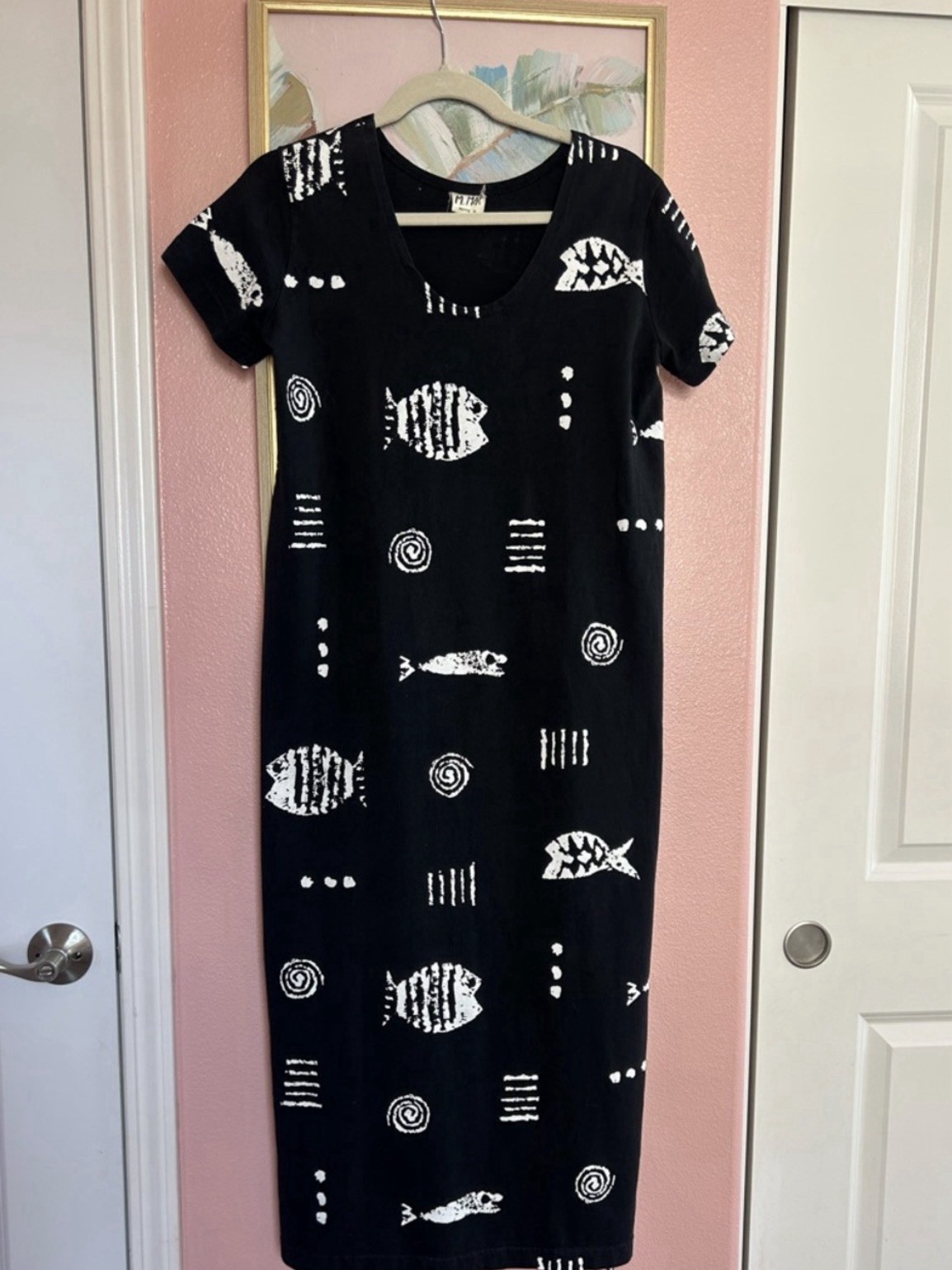 VTG 90s resort-wear tribal fish pattern cotton made USA maxi dress S Petite