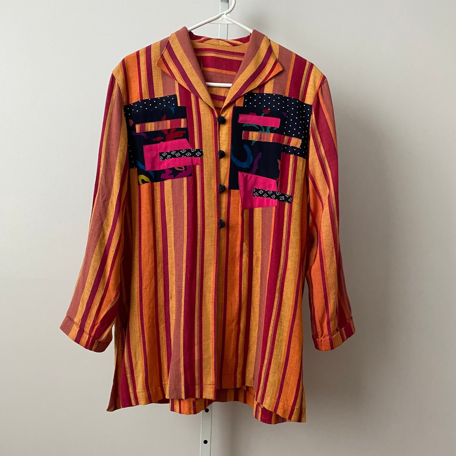 Vintage OS Orange Striped Button Front Shirt Patchwork Artistic Blouse