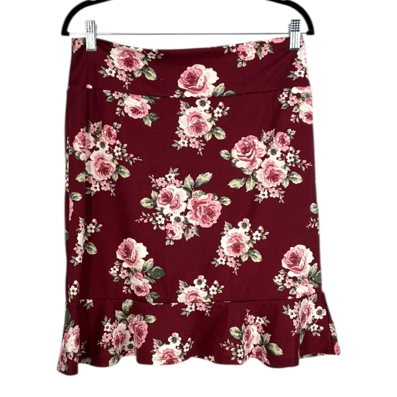 Burgundy Floral Ruffle Hem Skirt L Stretch Pull-On Cottagecore Coquette NWT