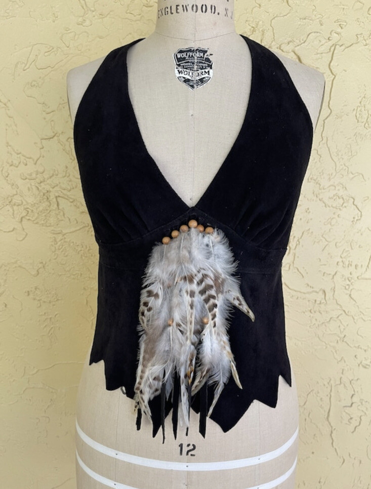 Vintage Halter Top Black Leather Bead Boho Biker Hippie Motorcycle Rock n Roll