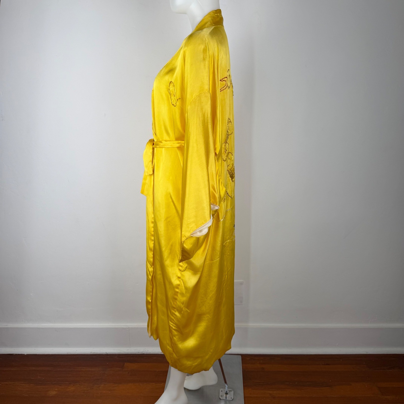 Vintage Yellow Kimono Robe Dragon Gold Metallic Embroidery Long Duster Belt