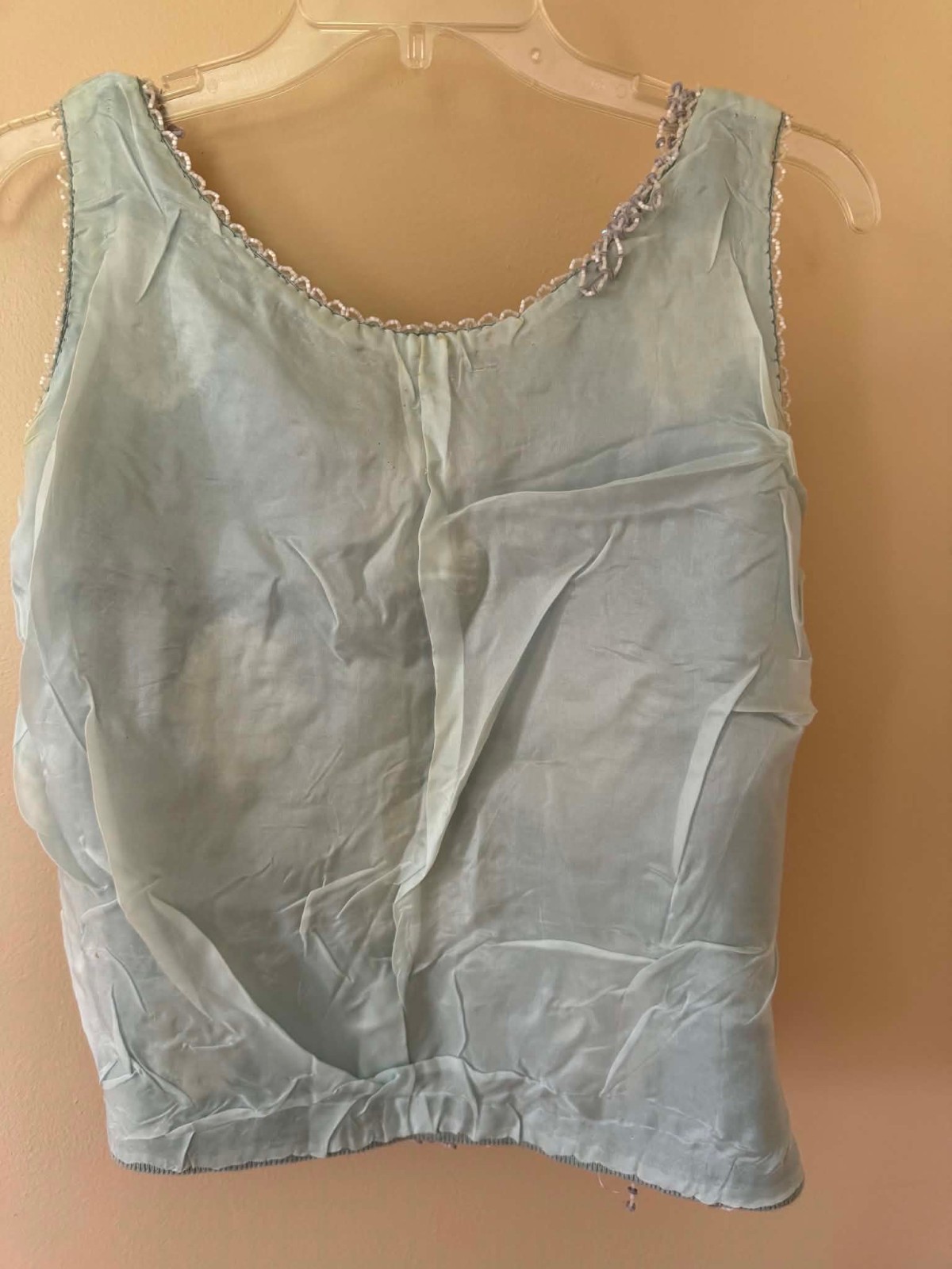 1950’s-60s Ice Blue & Silver Hand Beaded Sequined Wool Top Size M Hong Kong