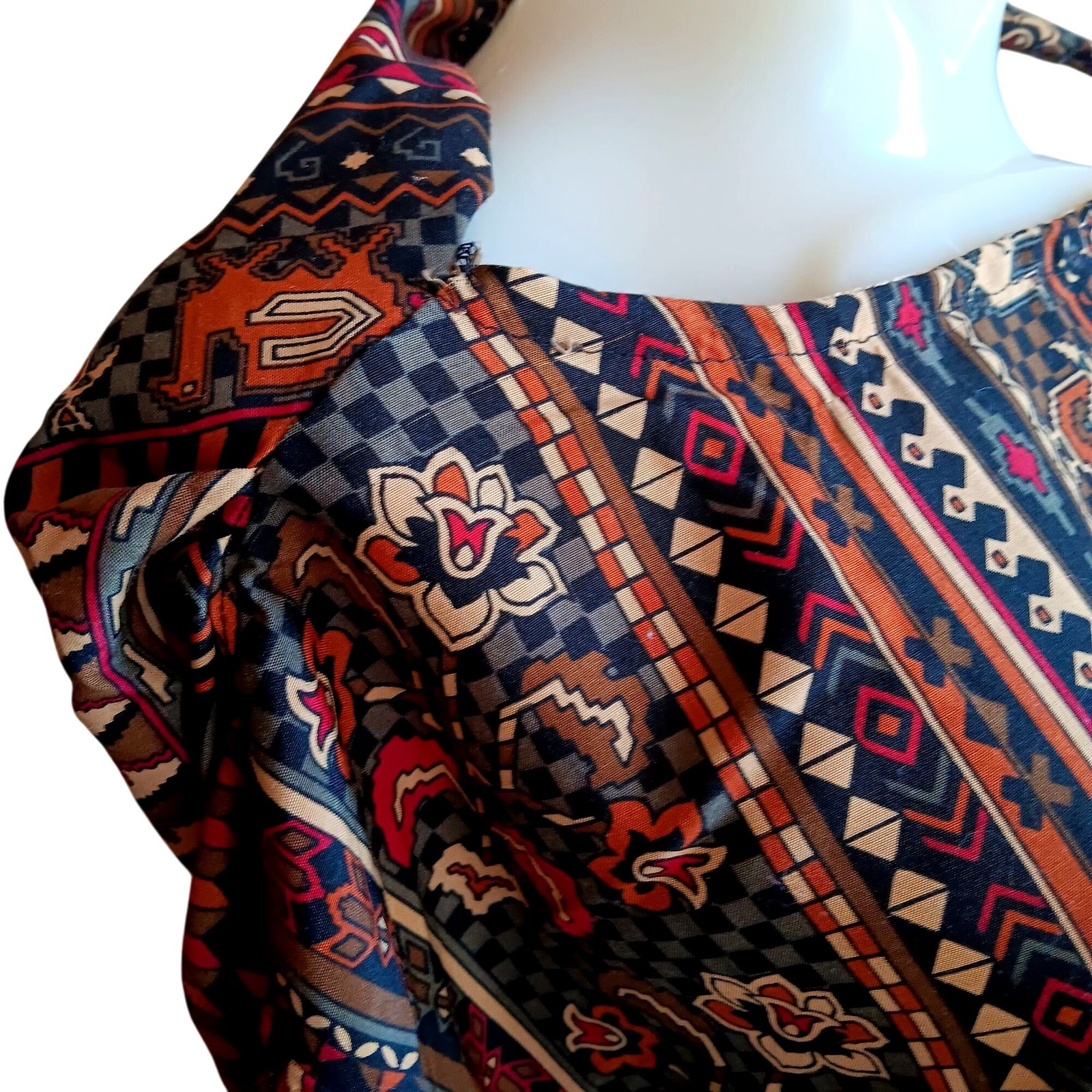 XXL True Vintage Top 1970’s Bohemian Geometric Print Long Sleeve Blouse handmade