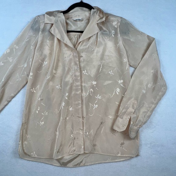 Vintage 70s Campus Casuals Floral Tie Neck Blouse Women’s M Champagne Button Up