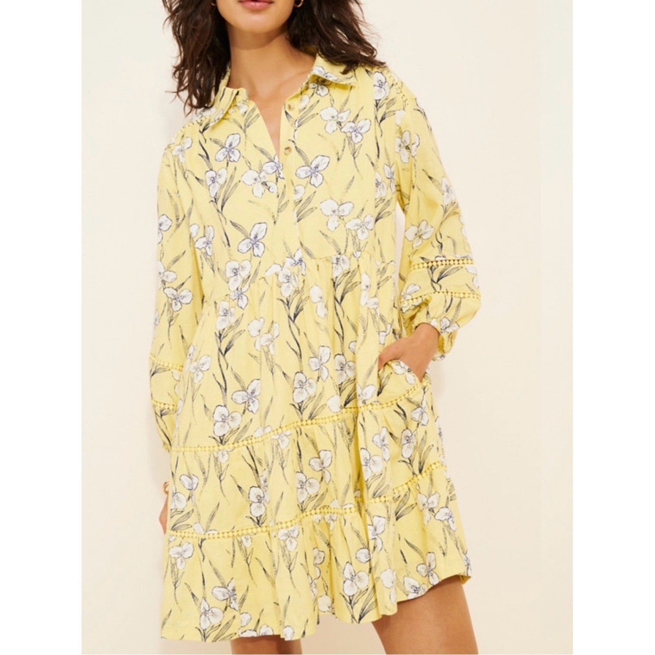 Anthropologie Maeve Bettina Mini Shirt Dress Linen Yellow Floral Size Small New