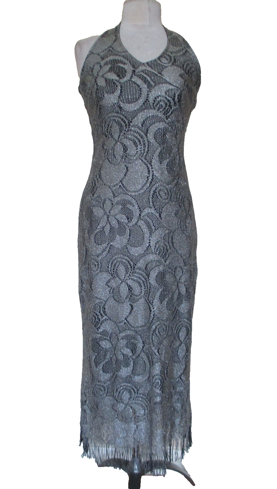 VTG Y2K California Concepts Maxi Dress S Silver Lace Metallic Fringe Whimsygoth
