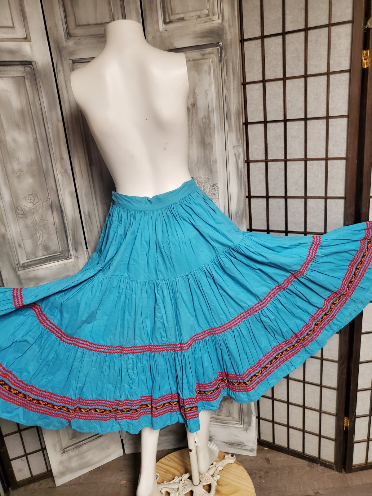 XS Vtg Mexican Patio Peasant Dress Skirt Ric Rac Trim Full Circle 50s Western